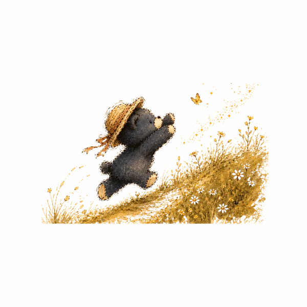 the bear leaping through a golden meadow
