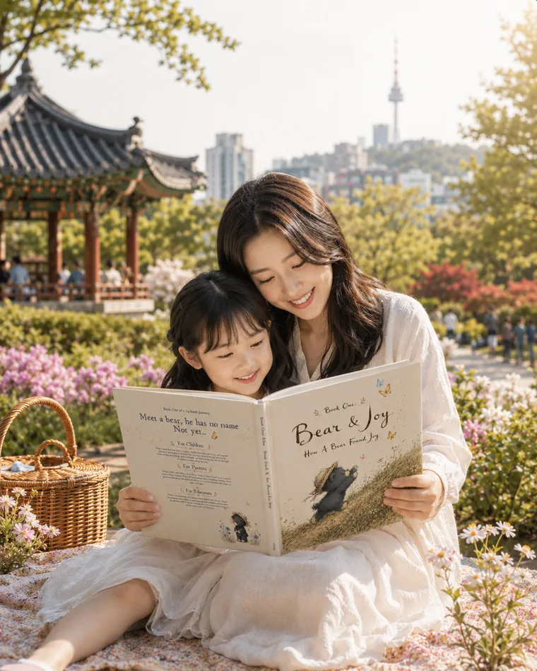 A mother and daughter reading Bear & Joy together in a Seoul park