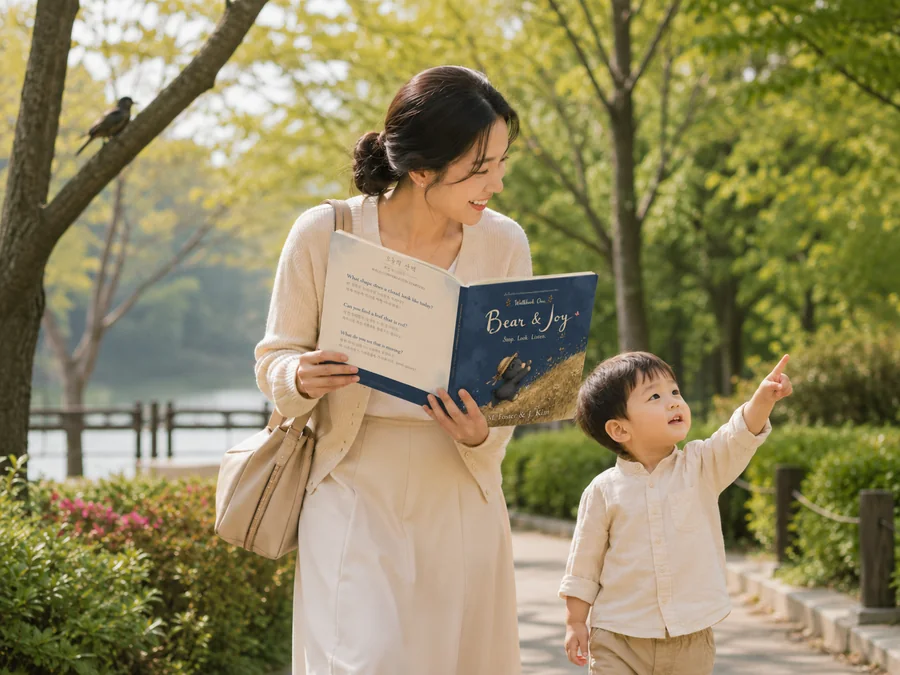 A mother reads a Walkbook question aloud as her son points to a bird in the park