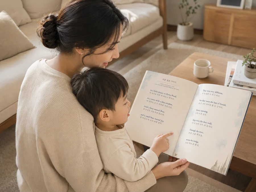 A child follows the Walkbook pronunciation guide with his finger while his mother reads