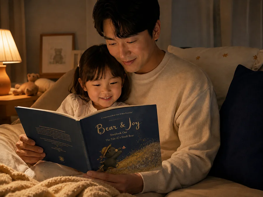 A father reading Bear & Joy aloud to his daughter at bedtime